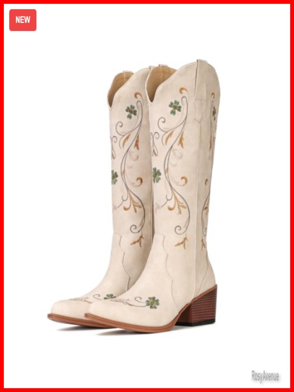 Floral Embroidered Knee-High Western Cowboy Boots Pointed Toe Block Heel